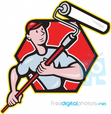 House Painter Paint Roller Painting Cartoon Stock Image