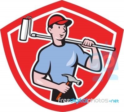 House Painter Paint Roller Shield Cartoon Stock Image