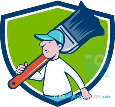 House Painter Paintbrush Walking Shield Cartoon Stock Image