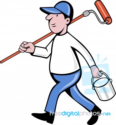 House Painter With Painting Roller Paint Can Stock Image