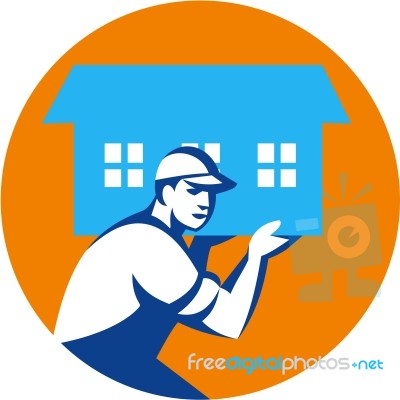 House Remover Carrying House Circle Retro Stock Image