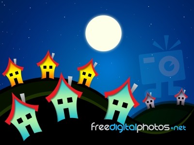 Houses At Nighttime Indicates Dark Evening Properties Stock Image