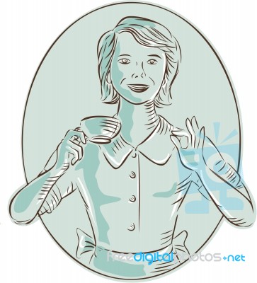 Housewife Drinking Cup Of Coffee Etching Stock Image