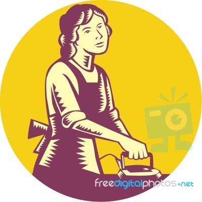 Housewife Ironing Circle Woodcut Stock Image