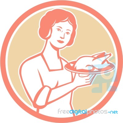 Housewife Serving Chicken Roast Circle Retro Stock Image