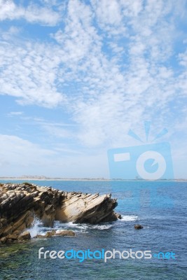 Huge Rock At Baleal Beach (dramatic Cloudscape) Stock Photo