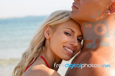 hugging Couple At Beach Stock Photo