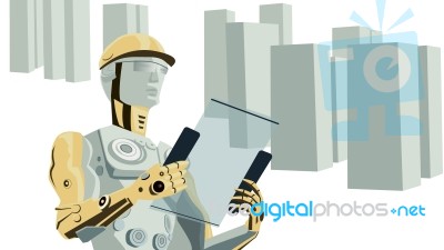 Humanoid Robot Construction Worker With Buildings Stock Image