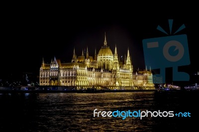 Hungarian Parliament Building Illumintaed At Night In Budapest Stock Photo