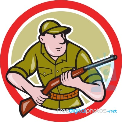 Hunter Carrying Rifle Circle Cartoon Stock Image