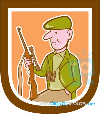 Hunter Holding Rifle Shield Cartoon Stock Image