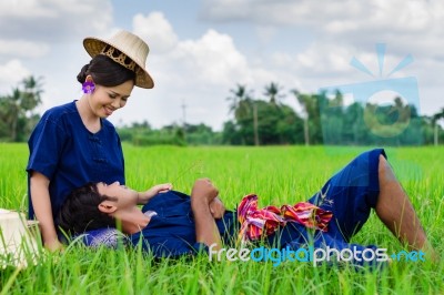 Husband And Wife Thai Farmers In The Rice Field Stock Photo