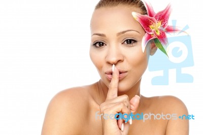 Hush, Silence Please! Woman Gesturing Stock Photo