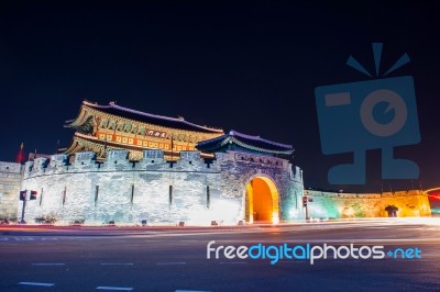 Hwaseong Fortress And Car Light In Suwon,korea Stock Photo