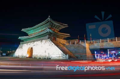 Hwaseong Fortress And Car Light In Suwon,korea Stock Photo