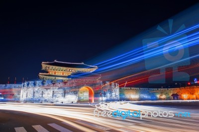 Hwaseong Fortress And Car Light In Suwon,korea Stock Photo