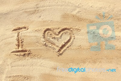 I Love - Sand Writing On The Beach Stock Photo