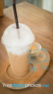 Ice Caffe Mocha Serving On Wooden Table Stock Photo