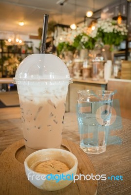 Ice Caffe Mocha Serving On Wooden Table Stock Photo