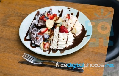 Ice Cream, Banana, Strawberry, Blueberry, Chocolate Waffles With… Stock Photo