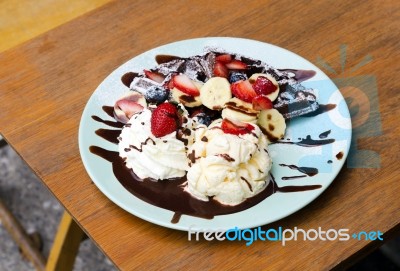 Ice Cream, Chocolate Waffles With Chocolate Sauce Stock Photo