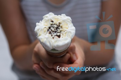 Ice Cream Cone In Lady Hand Stock Photo