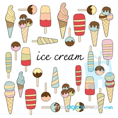 Ice Cream Doodle Pastel Colors Variation Stock Image