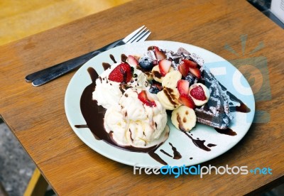 Ice Cream With Chocolate Waffles Stock Photo