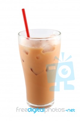 Ice milk tea with straw Stock Photo