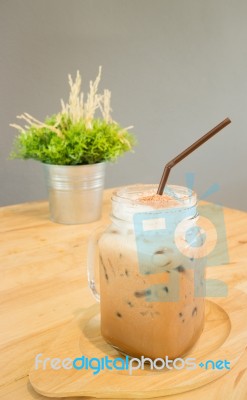 Iced Cofee Mocha Drink Serving On Wooden Table Stock Photo