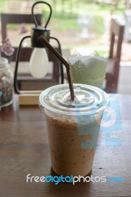 Iced Coffee Take Away Glass On Wooden Table Stock Photo