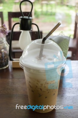 Iced Coffee Take Away Glass On Wooden Table Stock Photo