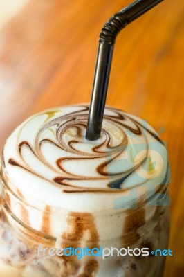 Iced Coffee With Chocolate Sauce Stock Photo