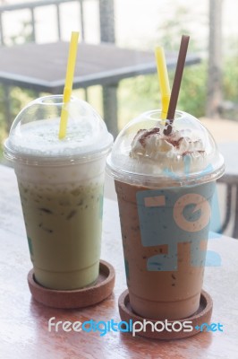 Iced Coffee With Iced Green Tea In Coffee Shop Stock Photo