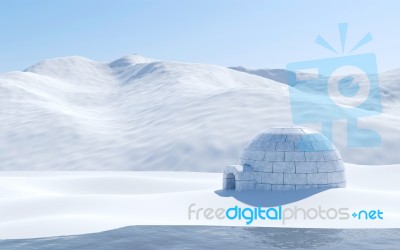 Igloo Isolated In Snowfield With Lake And Snowy Mountain, Arctic Landscape Scene, Stock Image