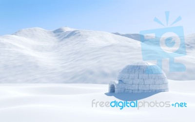 Igloo Isolated In Snowfield With Snowy Mountain, Arctic Landscape Scene Stock Image