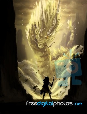 Illustration Digital Painting Dragon Warrior Fighting Stock Image