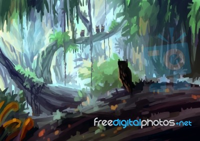 Illustration Digital Painting Jungle Owl Stock Image