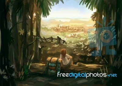 Illustration Digital Painting Rural Traveler Stock Image