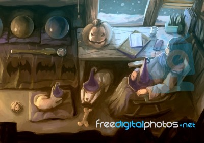 Illustration Digital Painting Witch Room Stock Image