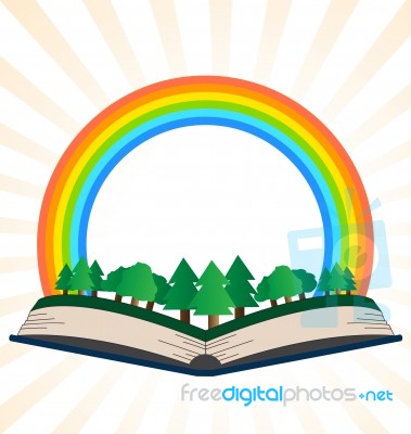 Illustration Of A Book With A Rainbow At The Forest Stock Image