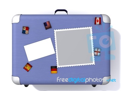 Illustration Of A Light Blue Suitcase Covered In Travel Stickers… Stock Image