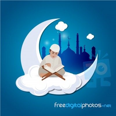 Illustration Of A Little Muslim Boy Reading The Quran On The Moon Stock Image