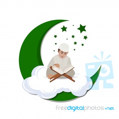 Illustration Of A Little Muslim Boy Reading The Quran On The Moon Stock Image