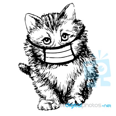 Illustration Of Cat With Mask Hand Drawn Stock Image