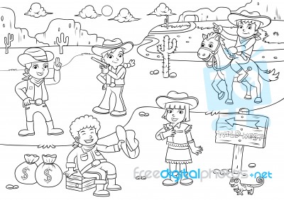 Illustration Of Cowboy Wild West Child Cartoon For Coloring Stock Image