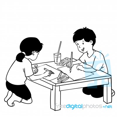 Illustration Of Kids Painting, On Art Class -  Hand Drawn Stock Image