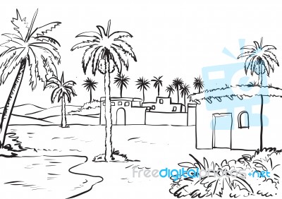 Illustration Of Middle East Rural View. Ink Drawn Sketch  Stock Image