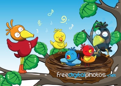 Illustration Of  Mother And Baby Birds Singing In The Trees Cartoon Stock Image