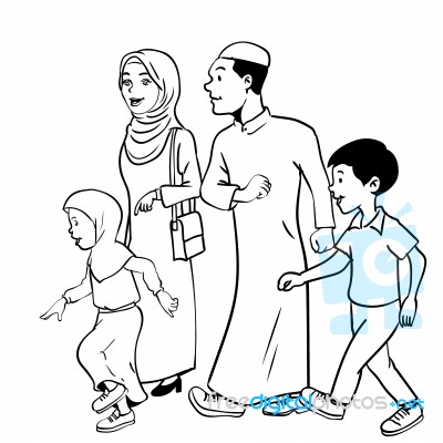 Illustration Of Muslim Family Waliking -  Hand Drawn Stock Image